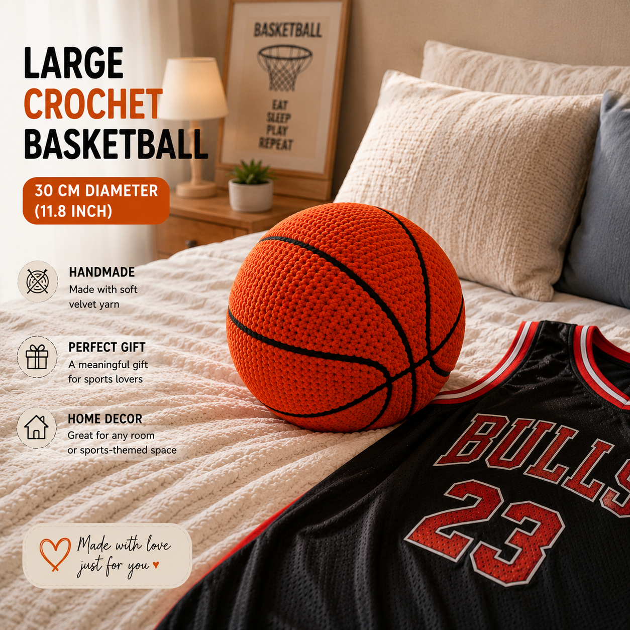 Handmade Crochet Basketball Pillow – Personalized Name
