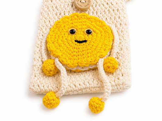 Crochet Smiley Crossbody Bag – Handmade Mini Phone Bag with Yellow Sun Charm