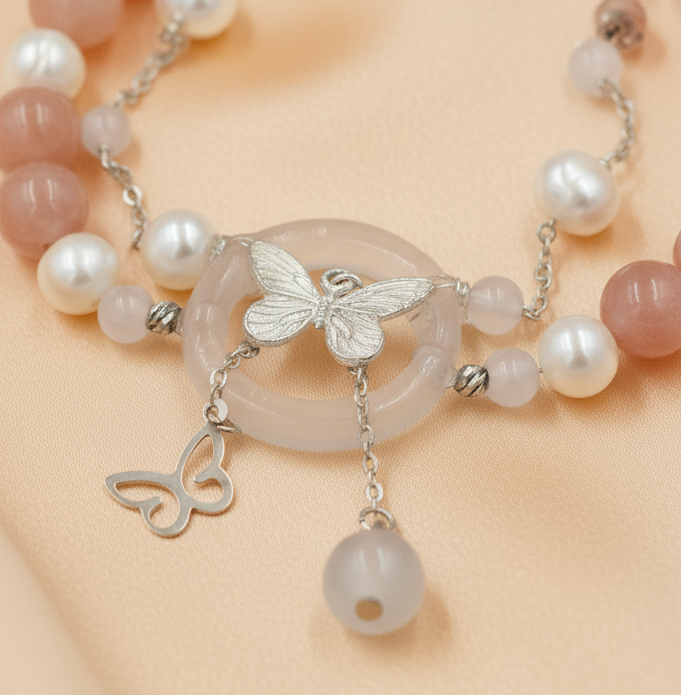 Sunstone, Moonstone & Freshwater Pearl Bracelet – 8mm Gemstone Bracelet with Silver Butterfly Charm