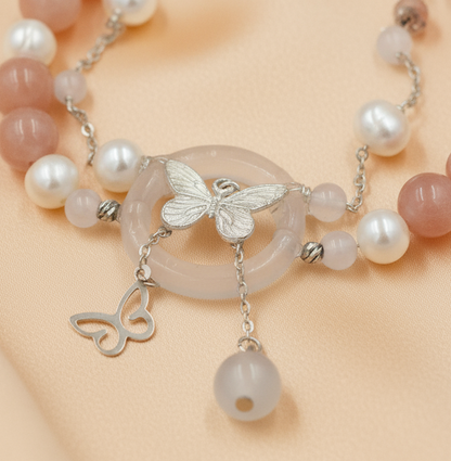 Sunstone, Moonstone & Freshwater Pearl Bracelet – 8mm Gemstone Bracelet with Silver Butterfly Charm