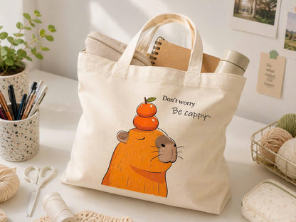 Hand-Painted Capybara Canvas Tote Bag