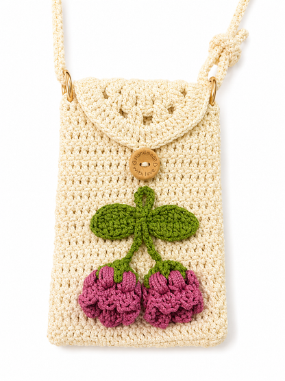 Cute Cherry Crochet Crossbody Bag for Women - Handmade Knit Mini Phone Purse