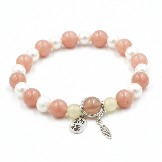 Sunstone and Peach Moonstone Bracelet with Freshwater Pearls
