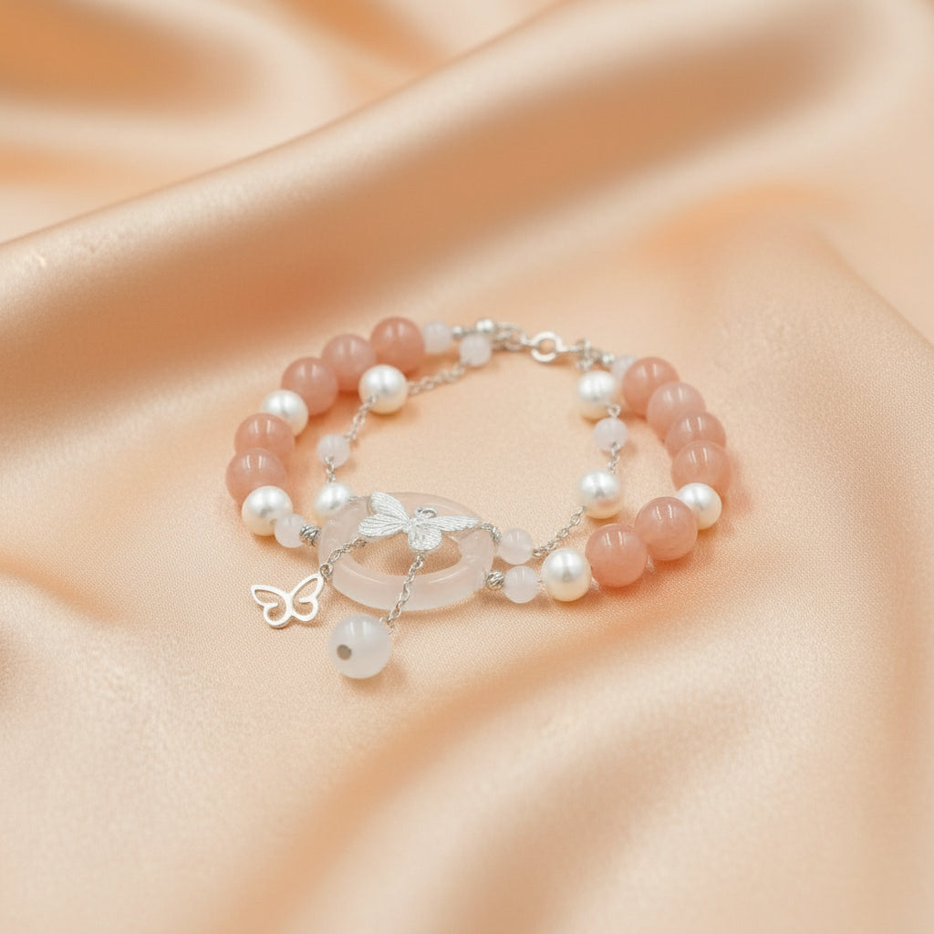 Sunstone, Moonstone & Freshwater Pearl Bracelet – 8mm Gemstone Bracelet with Silver Butterfly Charm