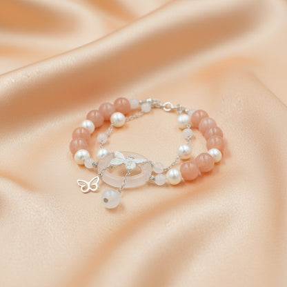 Sunstone, Moonstone & Freshwater Pearl Bracelet – 8mm Gemstone Bracelet with Silver Butterfly Charm