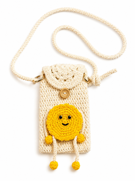 Crochet Smiley Crossbody Bag – Handmade Mini Phone Bag with Yellow Sun Charm