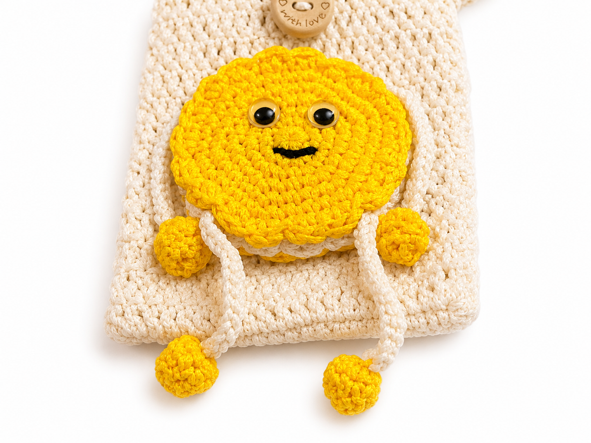 Crochet Smiley Crossbody Bag – Handmade Mini Phone Bag with Yellow Sun Charm