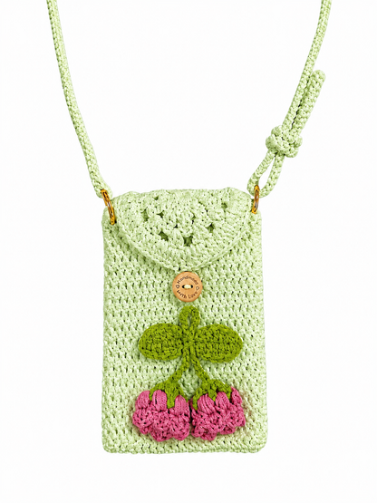 Cute Cherry Crochet Crossbody Bag for Women - Handmade Knit Mini Phone Purse