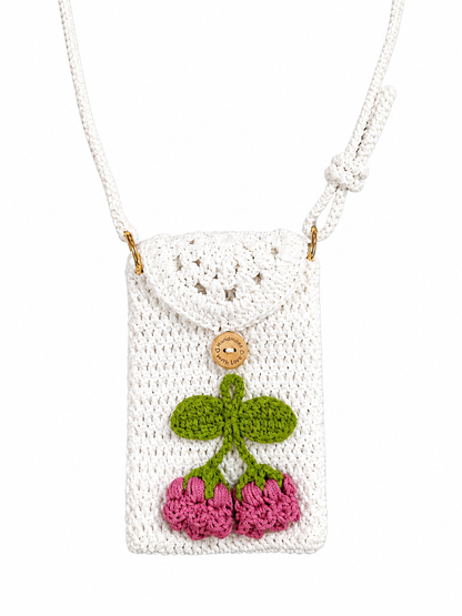 Cute Cherry Crochet Crossbody Bag for Women - Handmade Knit Mini Phone Purse