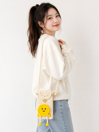 Crochet Smiley Crossbody Bag – Handmade Mini Phone Bag with Yellow Sun Charm