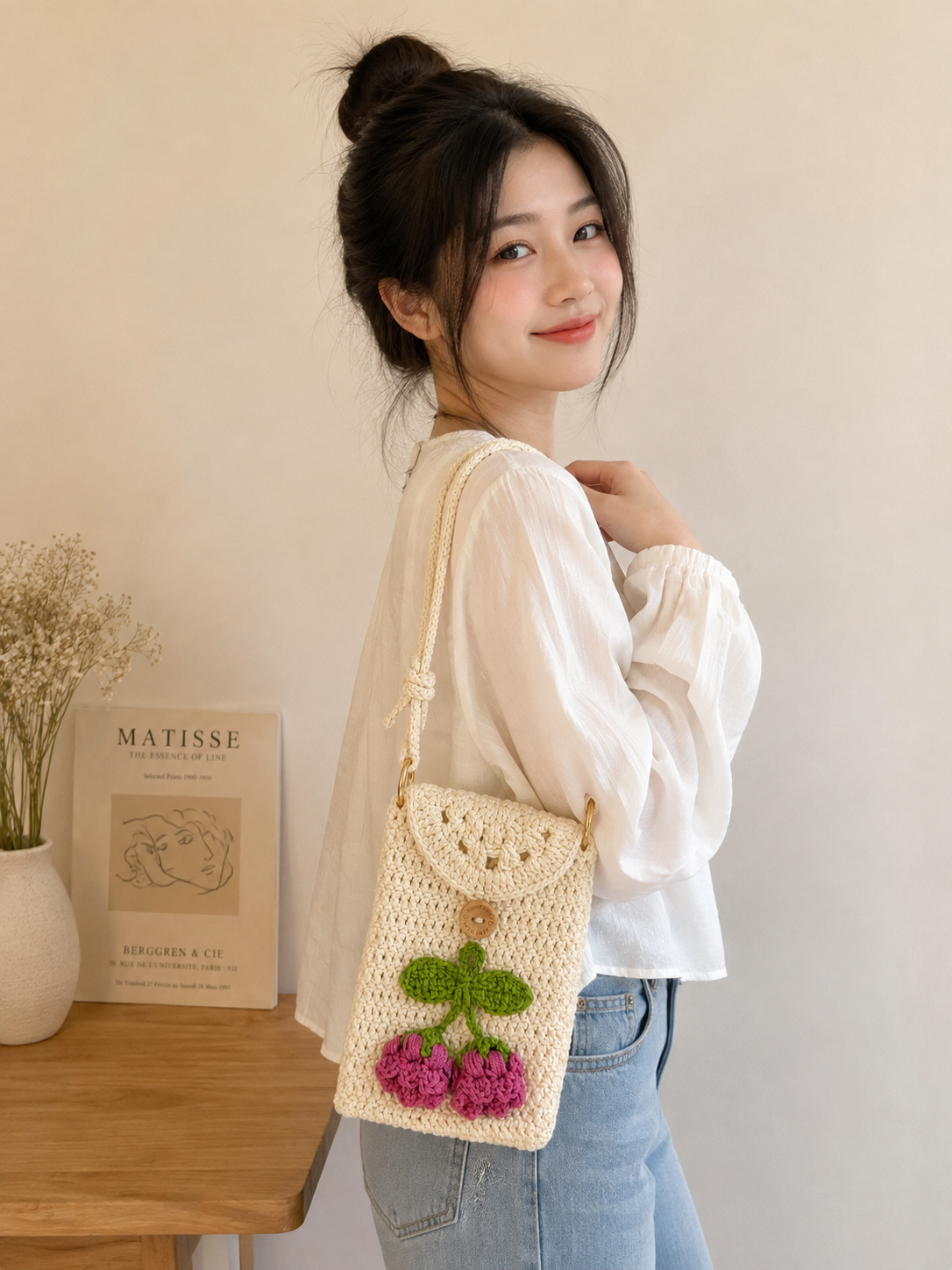 Cute Cherry Crochet Crossbody Bag for Women - Handmade Knit Mini Phone Purse