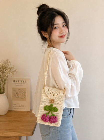 Cute Cherry Crochet Crossbody Bag for Women - Handmade Knit Mini Phone Purse