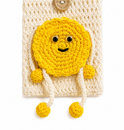 Crochet Smiley Crossbody Bag – Handmade Mini Phone Bag with Yellow Sun Charm