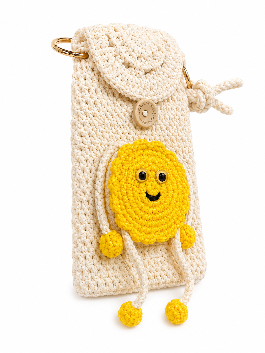 Crochet Smiley Crossbody Bag – Handmade Mini Phone Bag with Yellow Sun Charm