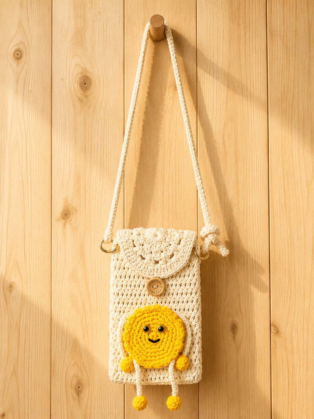 Crochet Smiley Crossbody Bag – Handmade Mini Phone Bag with Yellow Sun Charm