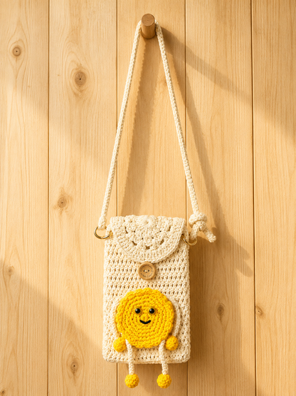 Crochet Smiley Crossbody Bag – Handmade Mini Phone Bag with Yellow Sun Charm