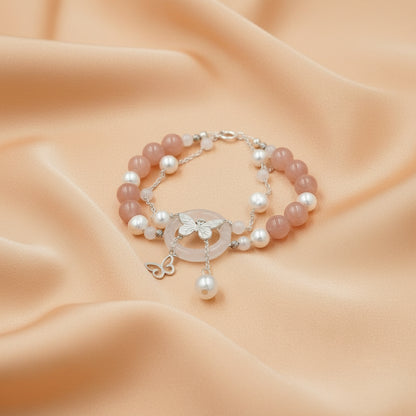 Sunstone, Moonstone & Freshwater Pearl Bracelet – 8mm Gemstone Bracelet with Silver Butterfly Charm