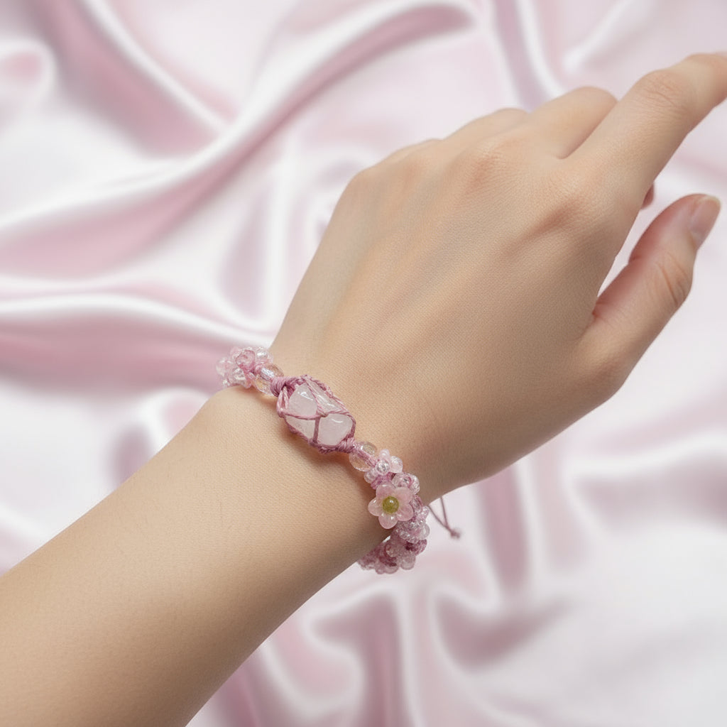 Raw Rose Quartz and Flower Macrame Bracelet