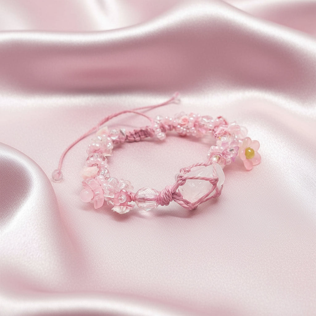 Raw Rose Quartz and Flower Macrame Bracelet