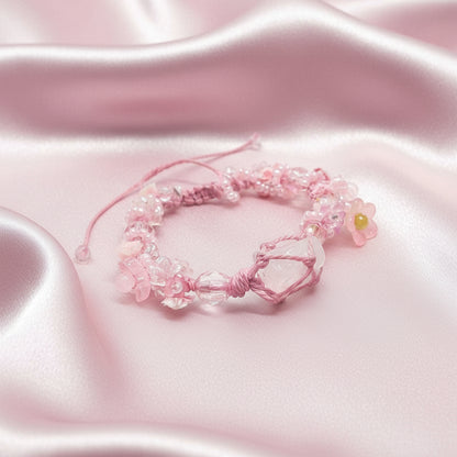 Raw Rose Quartz and Flower Macrame Bracelet