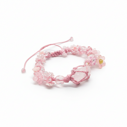 Raw Rose Quartz and Flower Macrame Bracelet