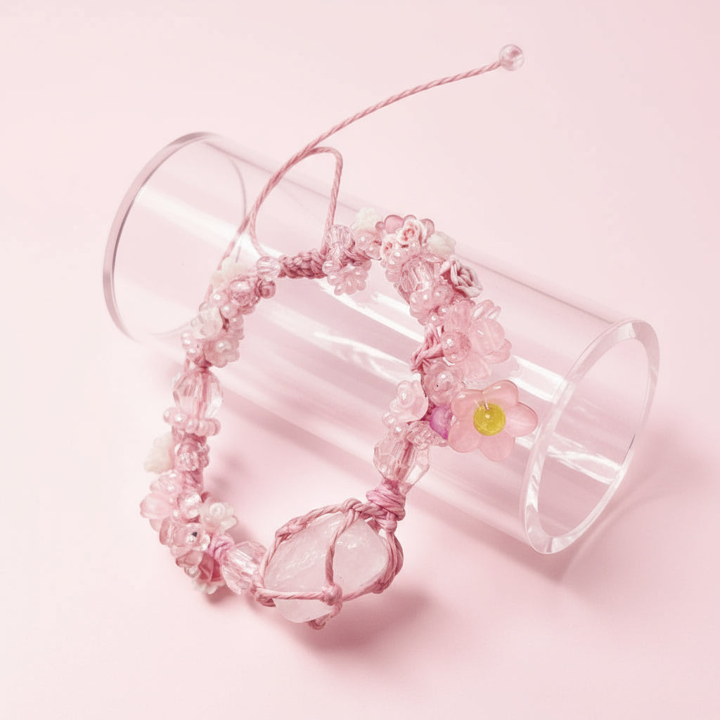 Raw Rose Quartz and Flower Macrame Bracelet