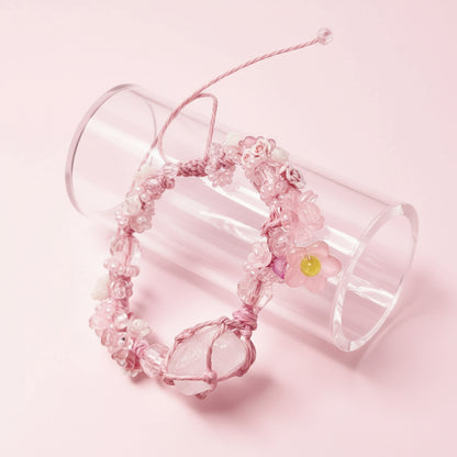 Raw Rose Quartz and Flower Macrame Bracelet
