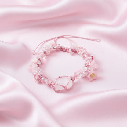 Raw Rose Quartz and Flower Macrame Bracelet