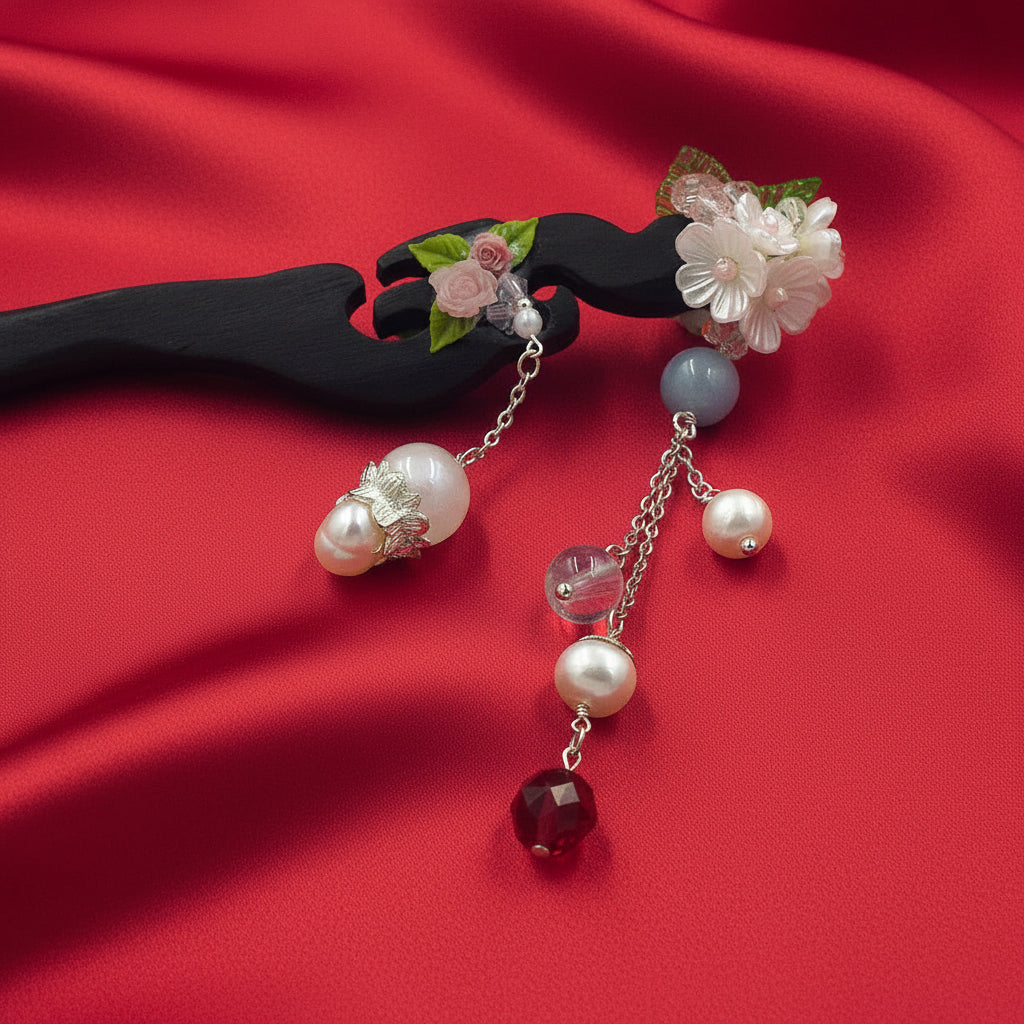 Handcrafted Rosewood Hairpin with Agate, Quartz & Pearls