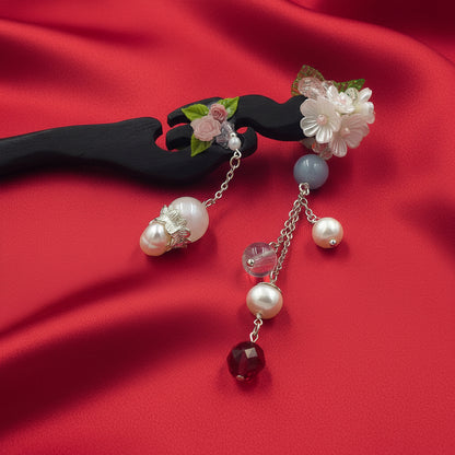 Handcrafted Rosewood Hairpin with Agate, Quartz & Pearls