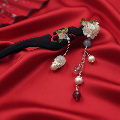 Handcrafted Rosewood Hairpin with Agate, Quartz & Pearls