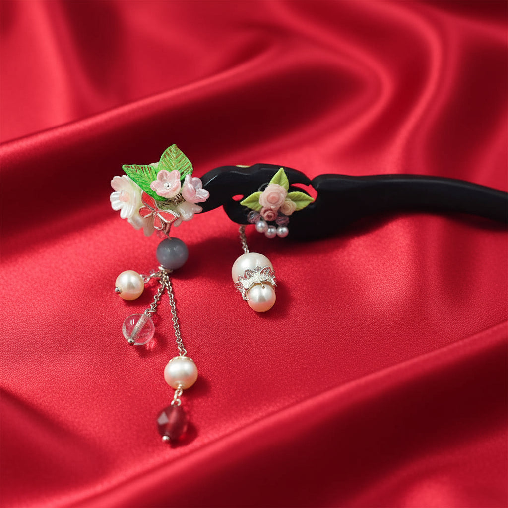 Handcrafted Rosewood Hairpin with Agate, Quartz & Pearls